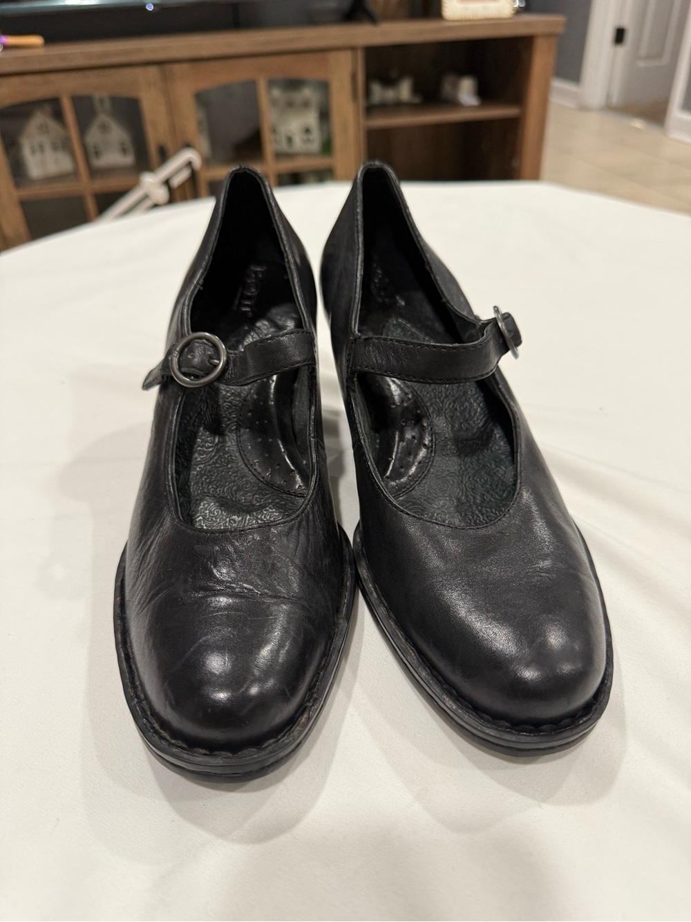 Born Black Leather Mary Jane Flats with Round Buckle